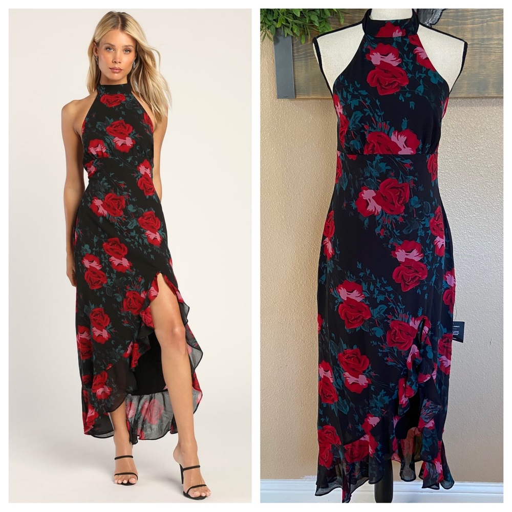 Lulu's Black and Red Floral Midi Dress